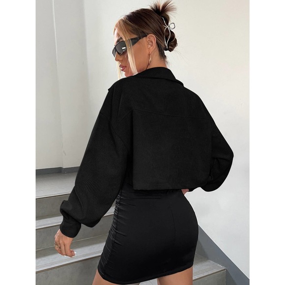 Minimalist Drop Shoulder Crop Corduroy Jacket shacket coat - Picture 6 of 11